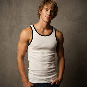 YMLA Men’s White Cotton Tank Top Black Trim Medium International Male Y2K Rare